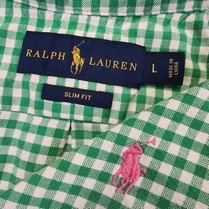 Ralph Lauren Mens L Green Gingham Check Slim Fit Long Sleeve Button Down Shirt